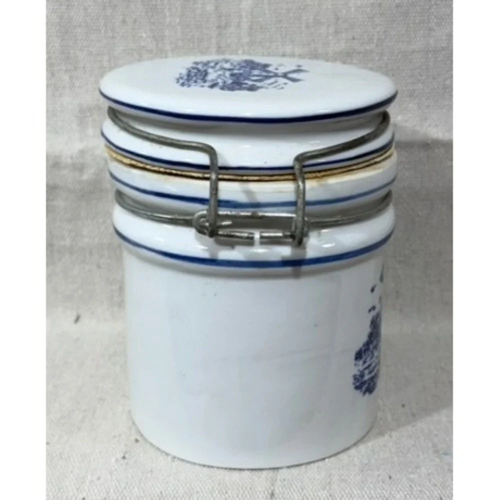 Teleflora Blue White Windmill Ceramic Canister Wire Bale Jar 5.5in Dutch Style